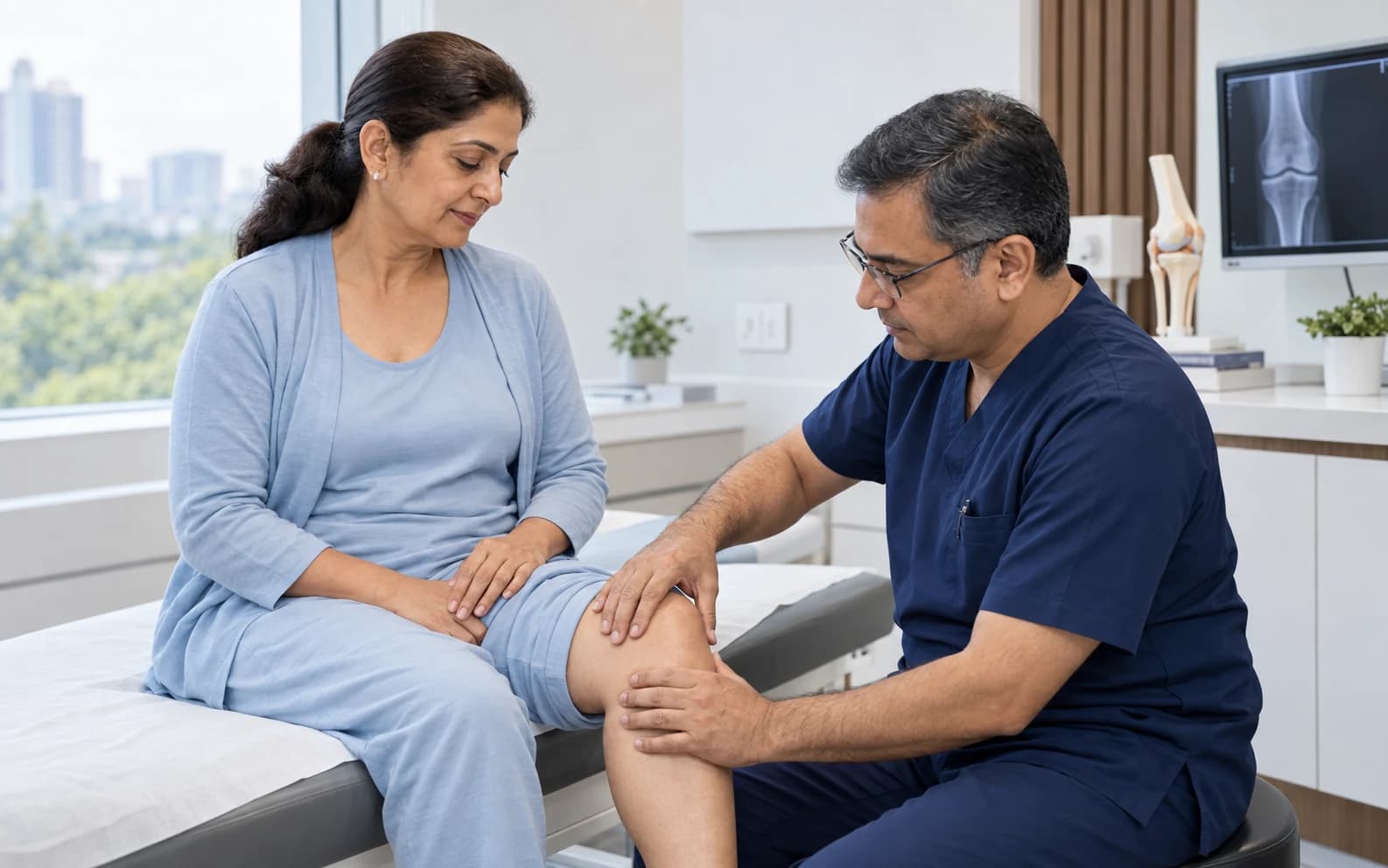 Experienced doctor examining a woman's knee in a clinic